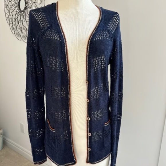 Lucky Brand Women's Navy w/orange trim open weave Cardigan - Picture 1 of 13